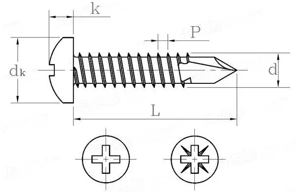 Dimensions of ISO 15481 pan head self drilling screw
